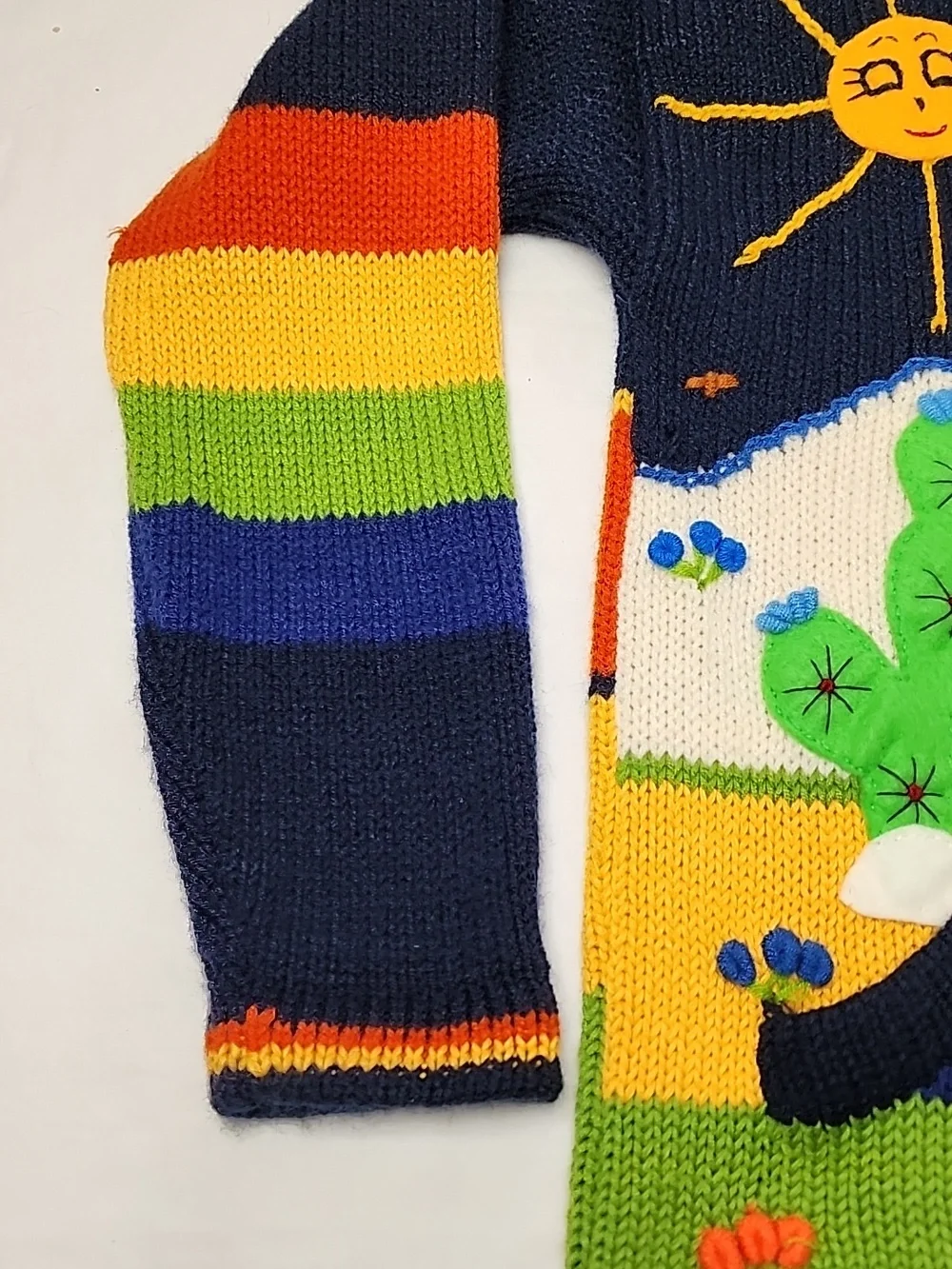 Peruvian Child's Colorful Hand-Knit Hooded Zip Cardigan Animals Rainbow Stripes - Picture 8 of 11